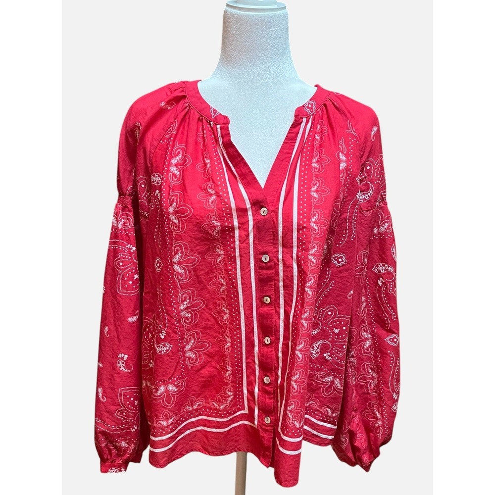 DR2 Red Bandana Paisley Cotton Button Front Peasant Blouse Cowgirl Western